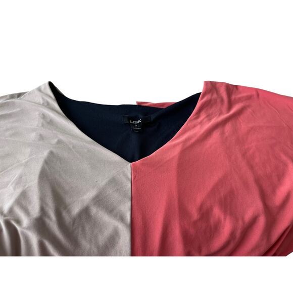 MSK MIDI BLOUSON DRESS, WOMENS, M, NAVY BLUE PEACH TAN, ELASTIC WAIST, V-NECK - Picture 3 of 10